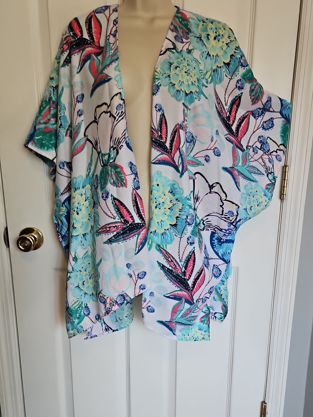 Chico's Kimono Style Xl Floral Kimono - White, Teal, Pink, Blue